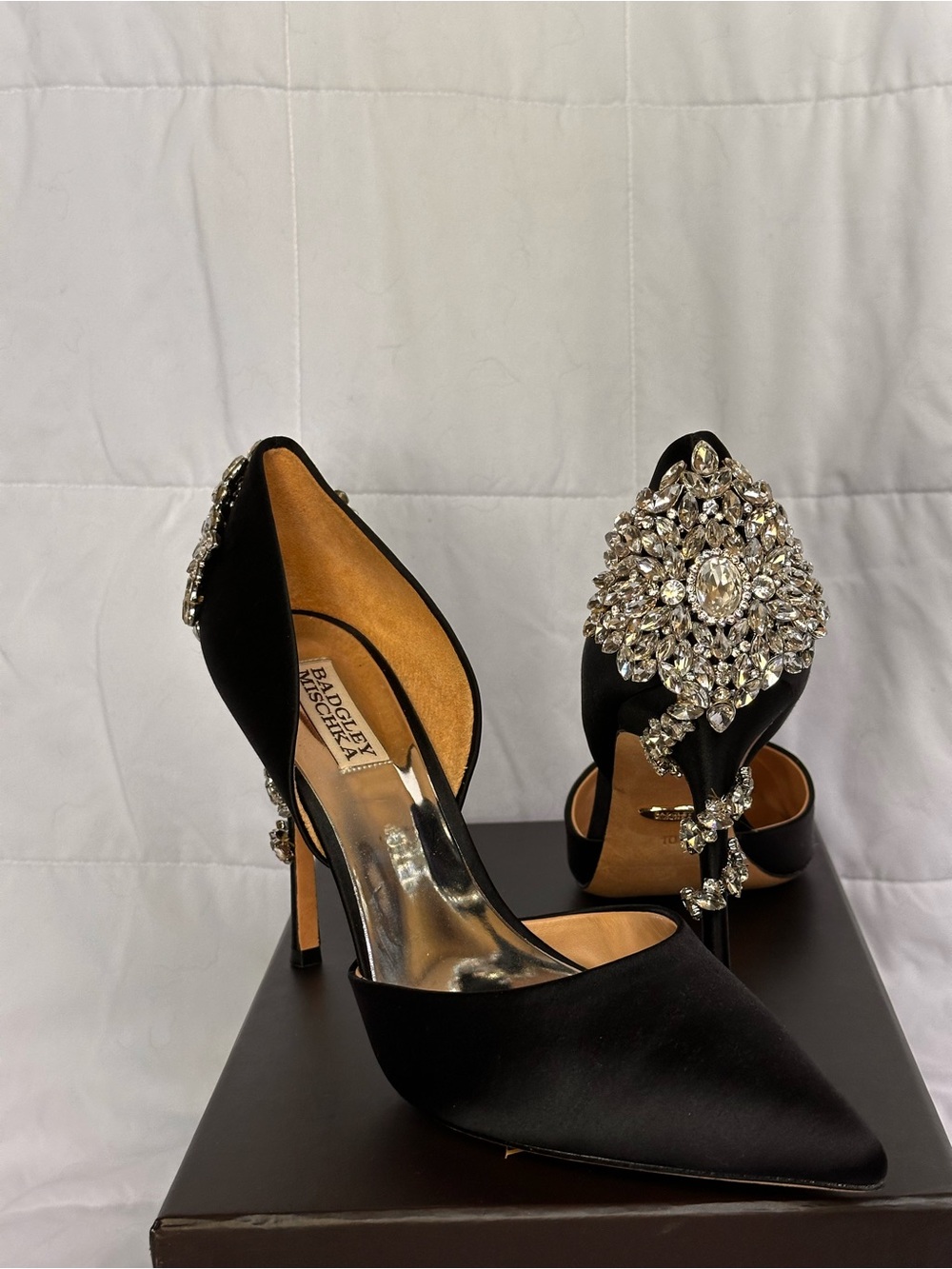Badgley Mischka Black Satin Pointed-Toe Heels with Crystal Embellishment